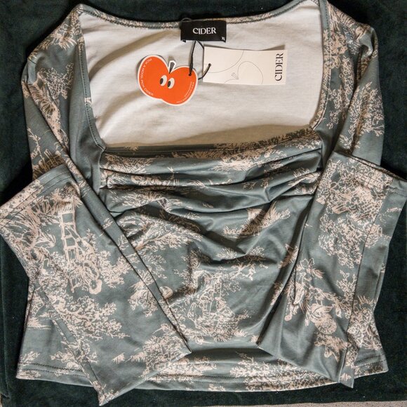 Cider Toile Print Ruched Square Neck Top | XL | Long Sleeve Feminine Cottagecore - Picture 6 of 8